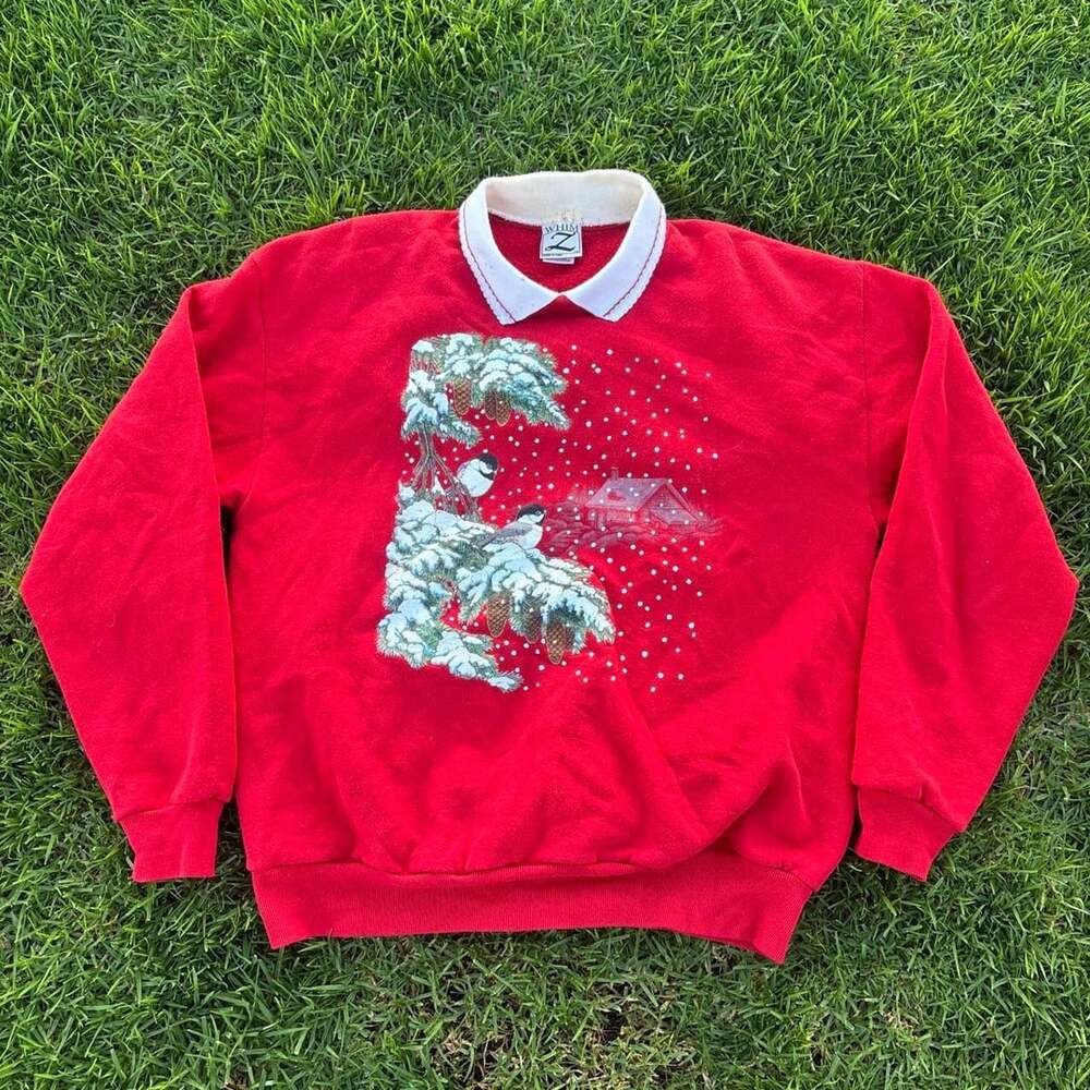 Whim Z Vintage Christmas Sweatshirt Size L Red Winter Scene Collared
